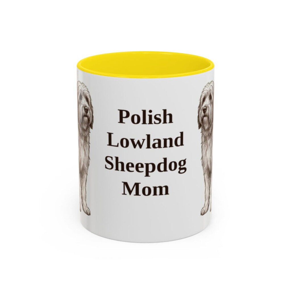 11oz Polish Lowland Sheepdog Dog Mom Mug, Yellow, front view
