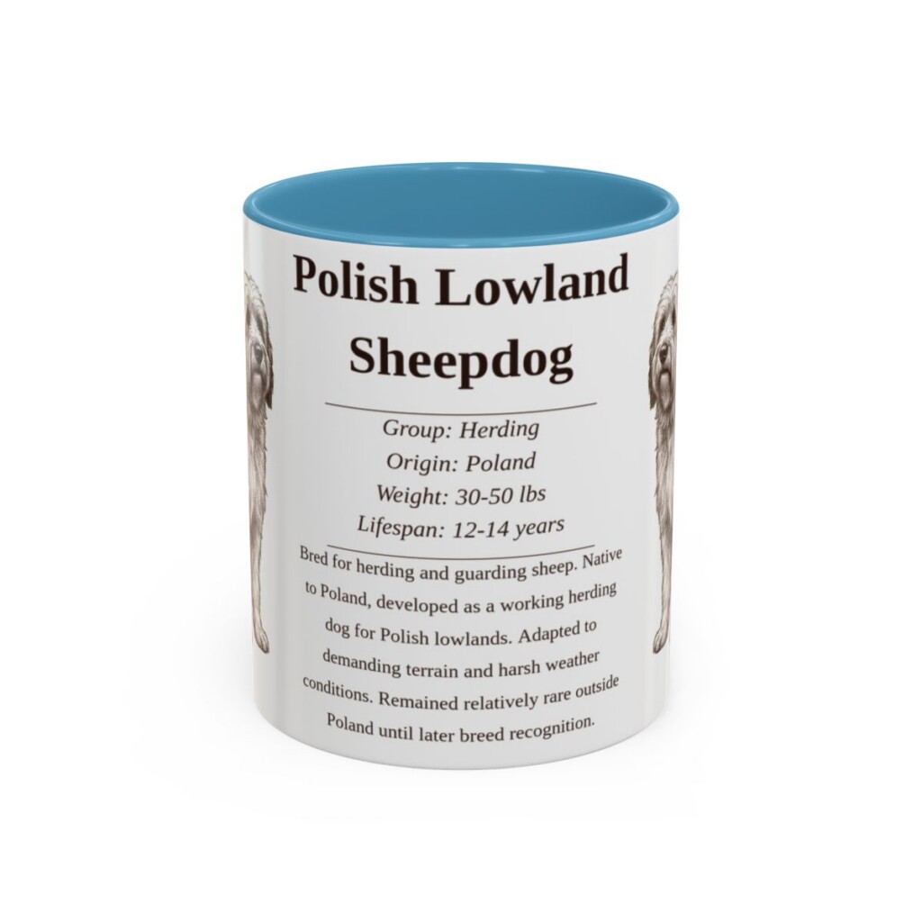 11oz Polish Lowland Sheepdog Mug, Light Blue, front view