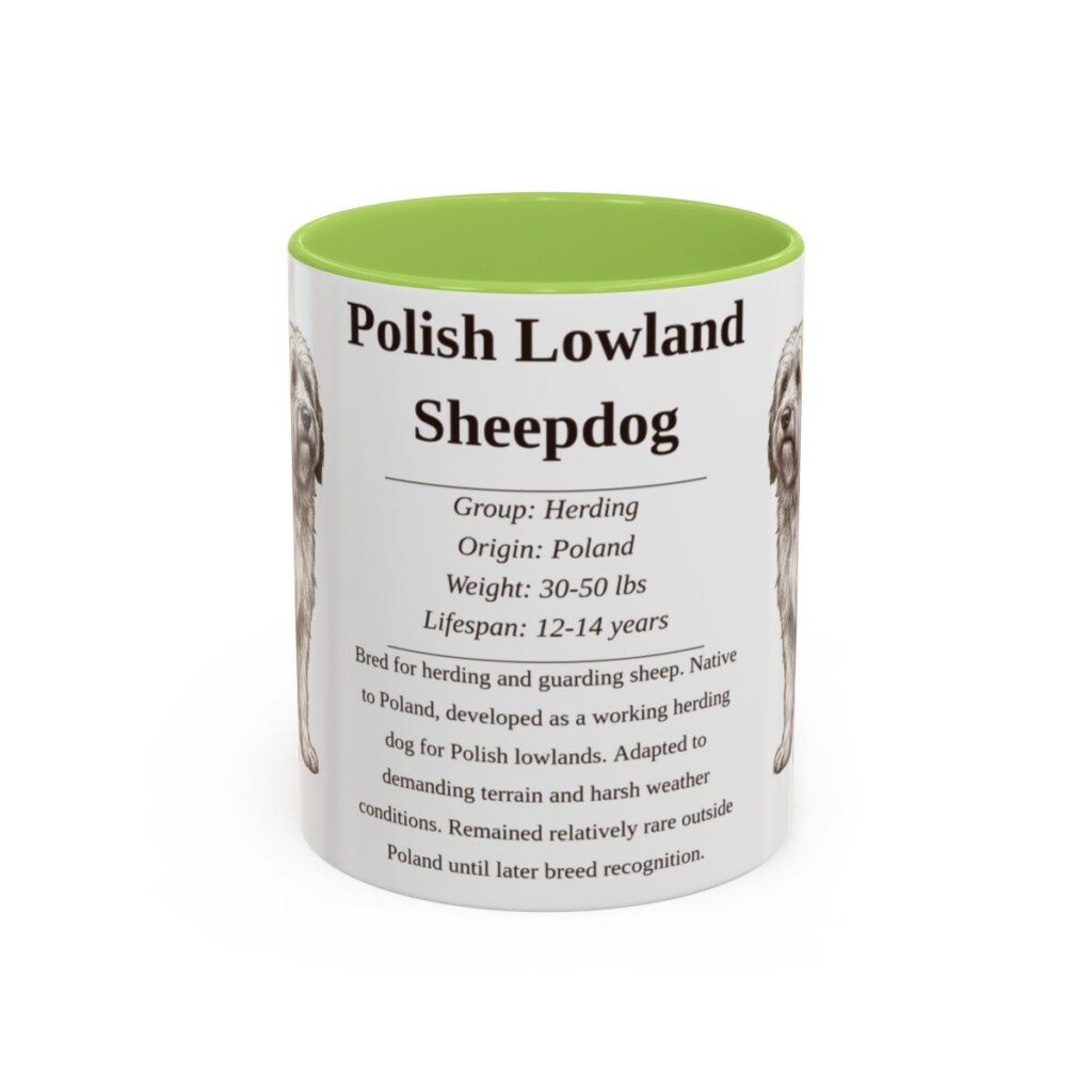 11oz Polish Lowland Sheepdog Mug, Light Green, front view