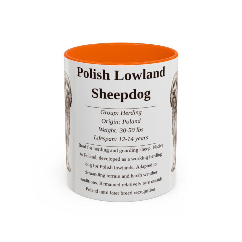 11oz Polish Lowland Sheepdog Mug, Orange, front view