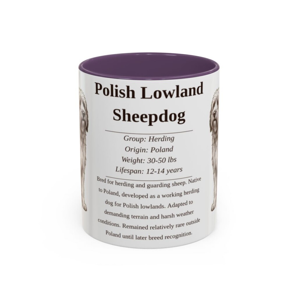 11oz Polish Lowland Sheepdog Mug, Purple, front view