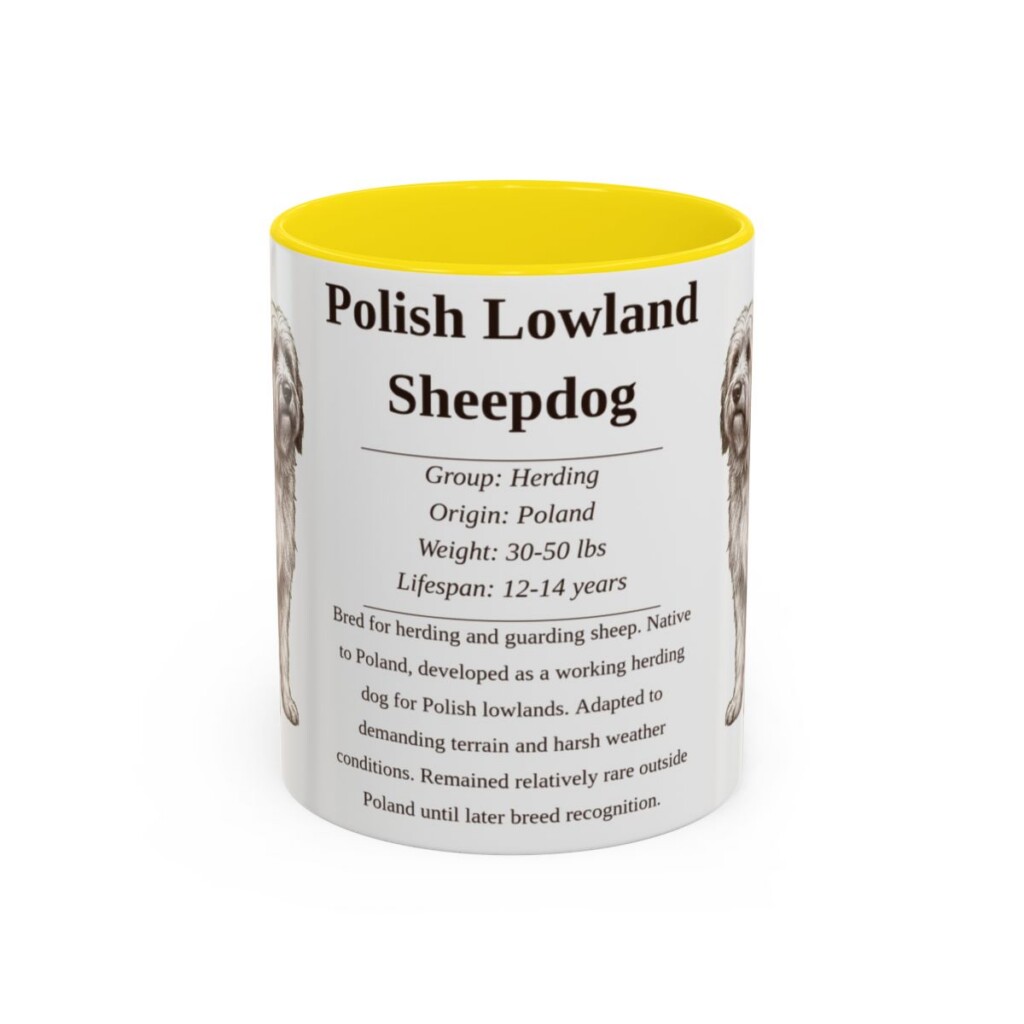 11oz Polish Lowland Sheepdog Mug, Yellow, front view