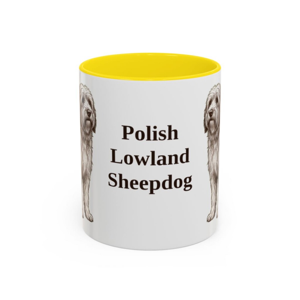 11oz Polish Lowland Sheepdog Mug, Yellow, front view