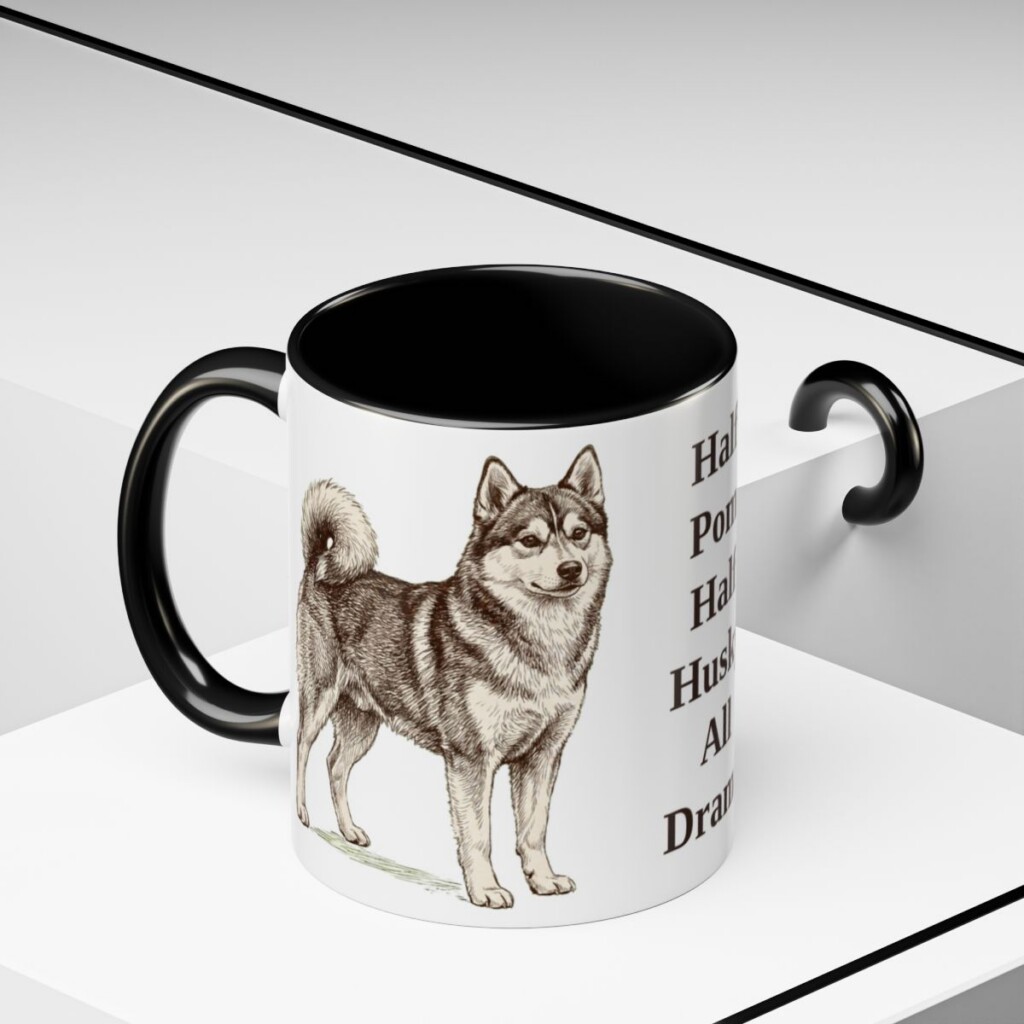 11oz Funny Pomsky Mug, Black, lifestyle photo