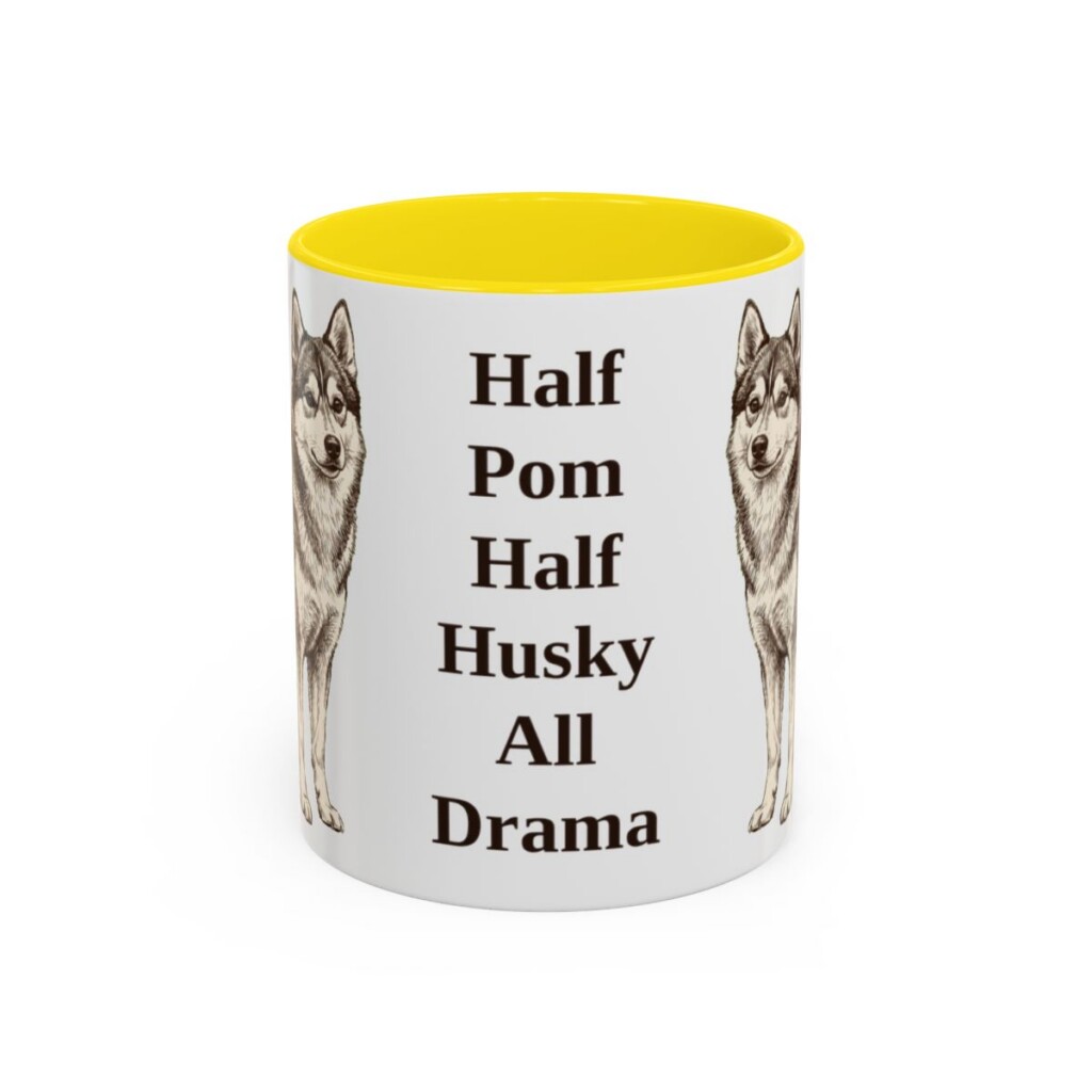 11oz Funny Pomsky Mug, Yellow, front view
