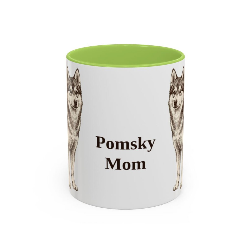 11oz Pomsky Dog Mom Mug, Light Green, front view