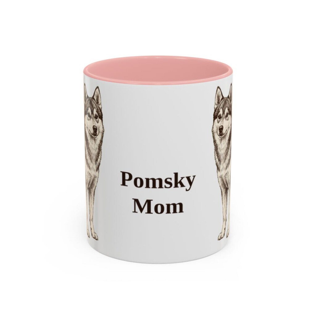 11oz Pomsky Dog Mom Mug, Pink, front view