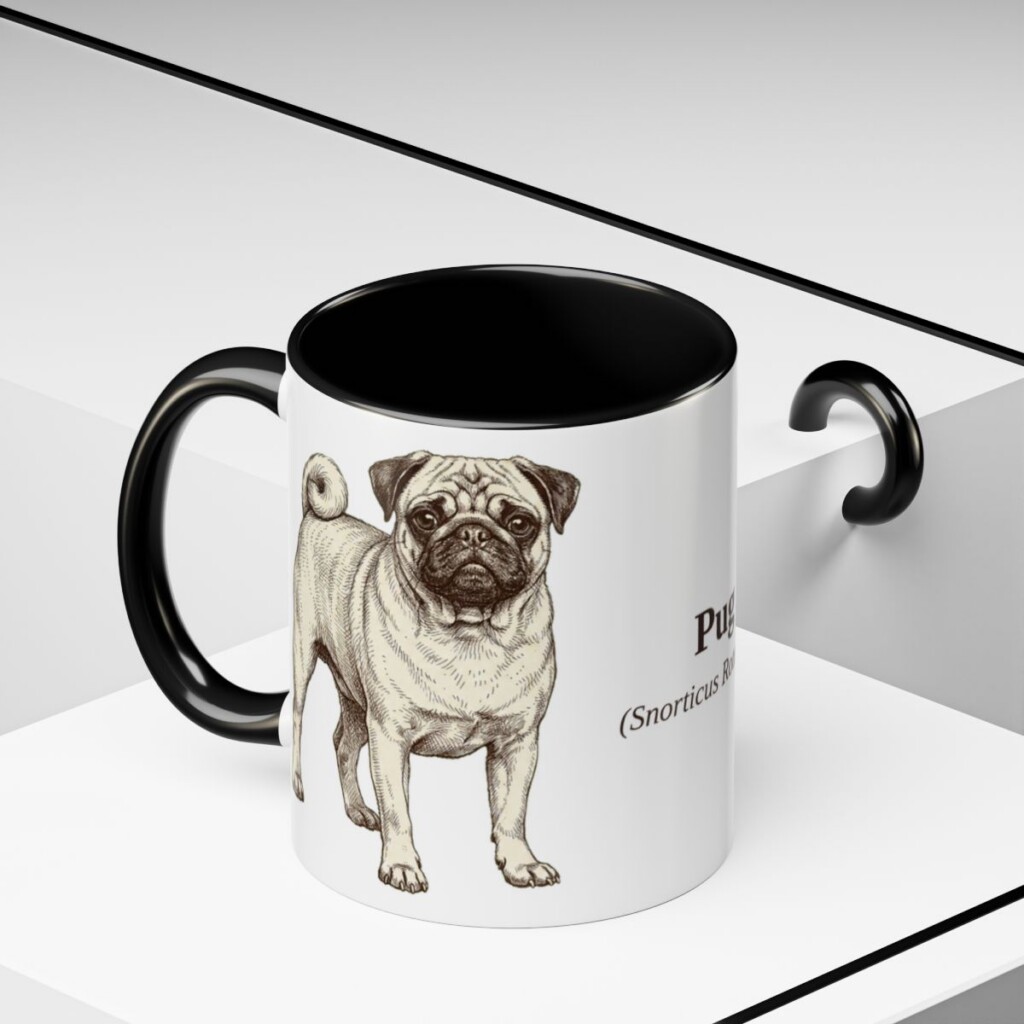 11oz Pug Latin Mug, Black, lifestyle photo