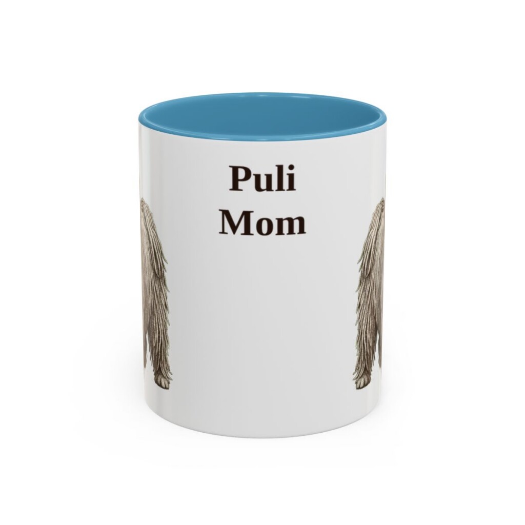 11oz Puli Dog Mom Mug, Light Blue, front view