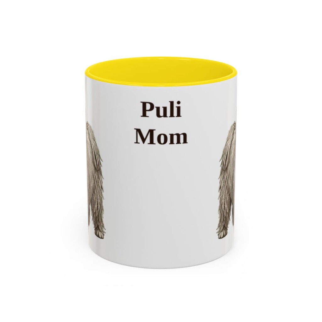 11oz Puli Dog Mom Mug, Yellow, front view