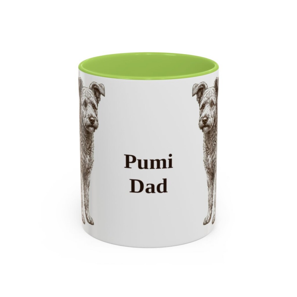 11oz Pumi Dog Dad Mug, Light Green, front view