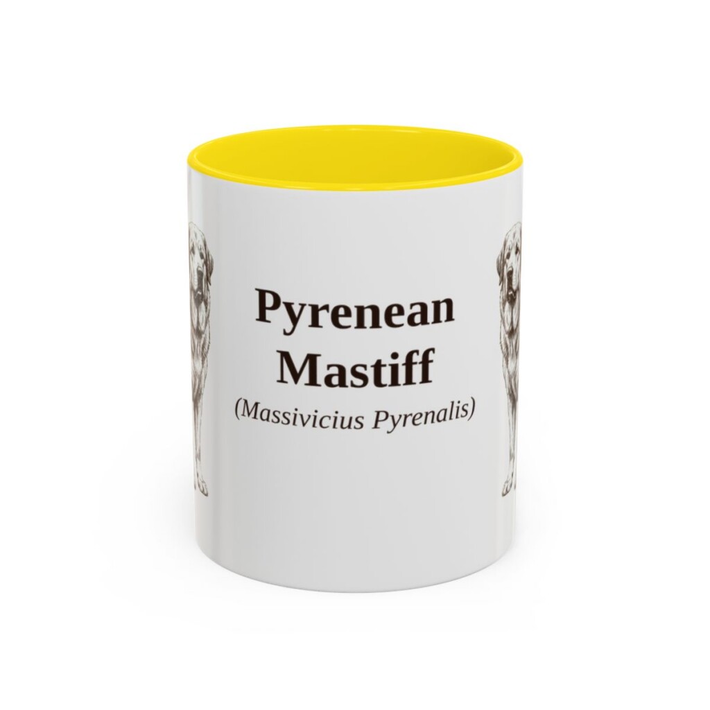 11oz Pyrenean Mastiff Latin Mug, Yellow, front view