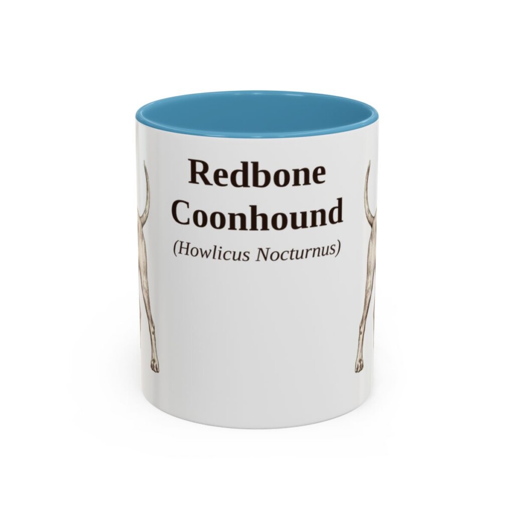 11oz Redbone Coonhound Latin Mug, Light Blue, front view