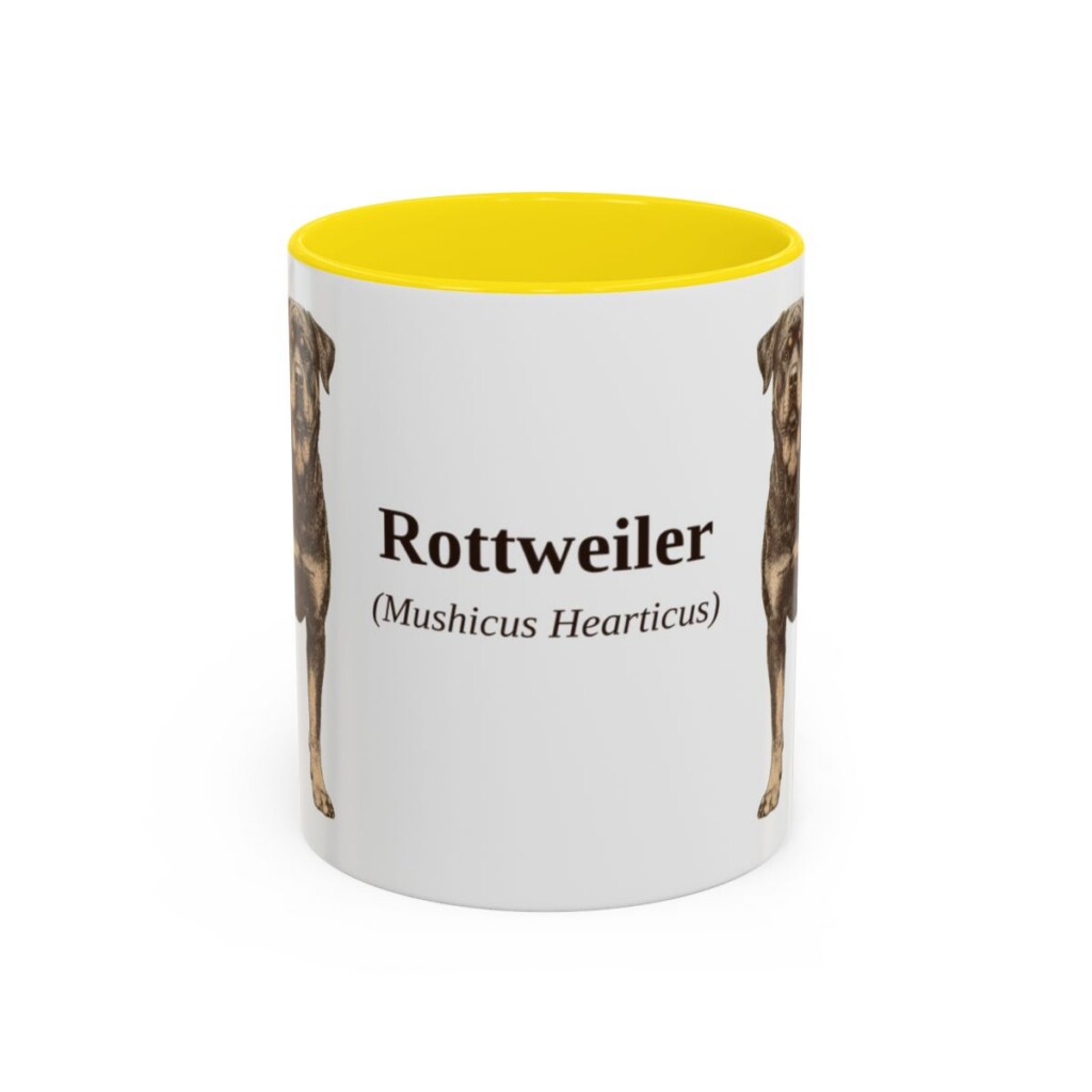 11oz Rottweiler Latin Mug, Yellow, front view