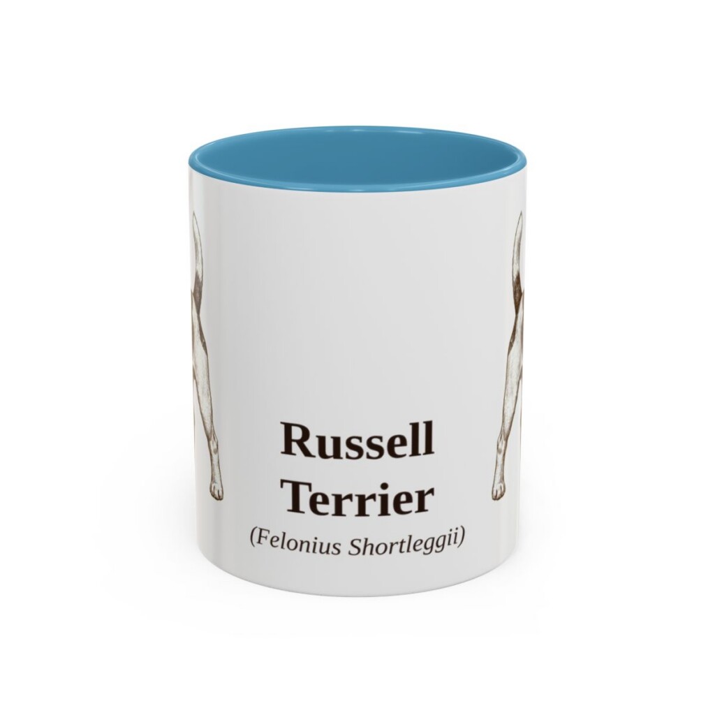 11oz Russell Terrier Latin Mug, Light Blue, front view