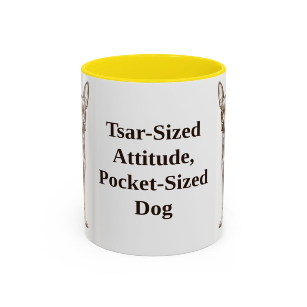 11oz Funny Russian Toy Mug, Yellow, front view