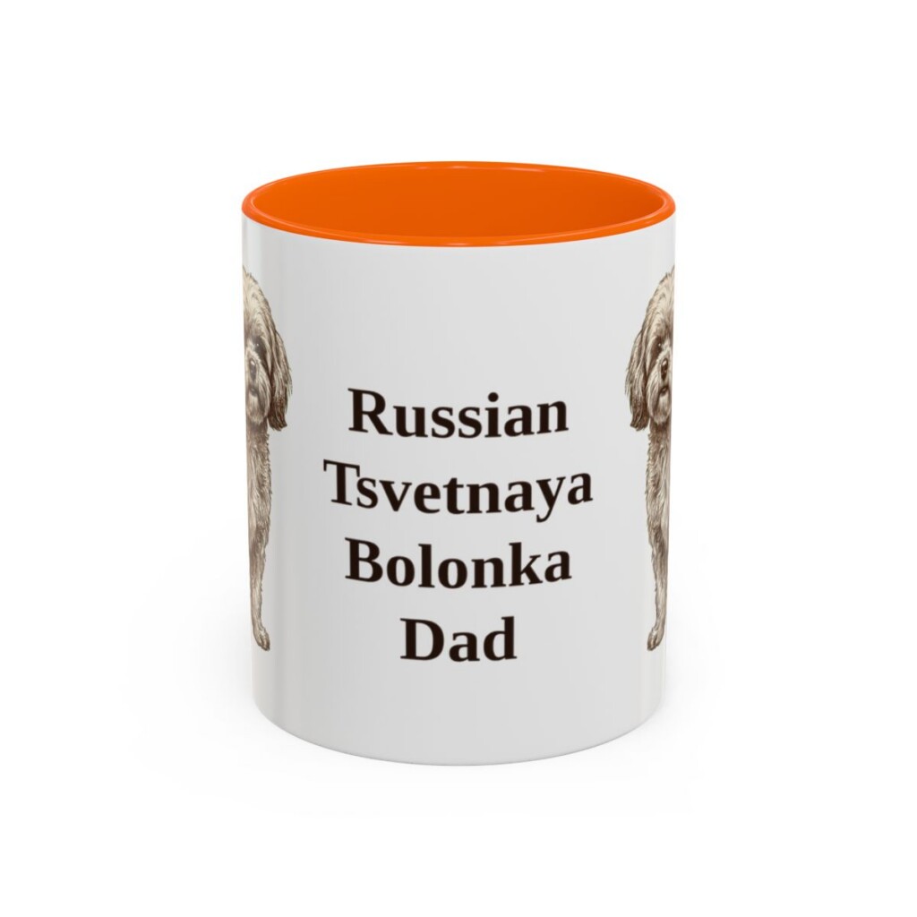 11oz Russian Tsvetnaya Bolonka Dog Dad Mug, Orange, front view
