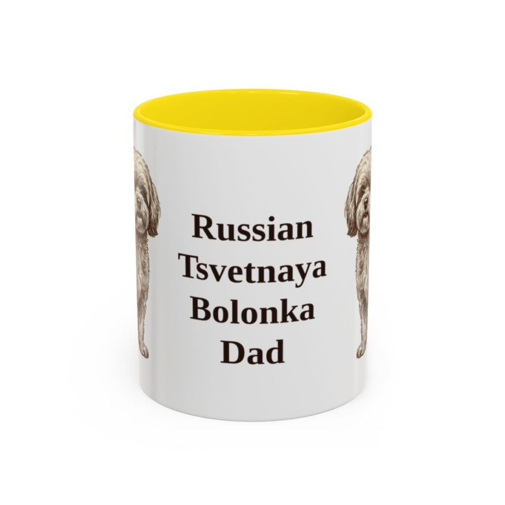11oz Russian Tsvetnaya Bolonka Dog Dad Mug, Yellow, front view