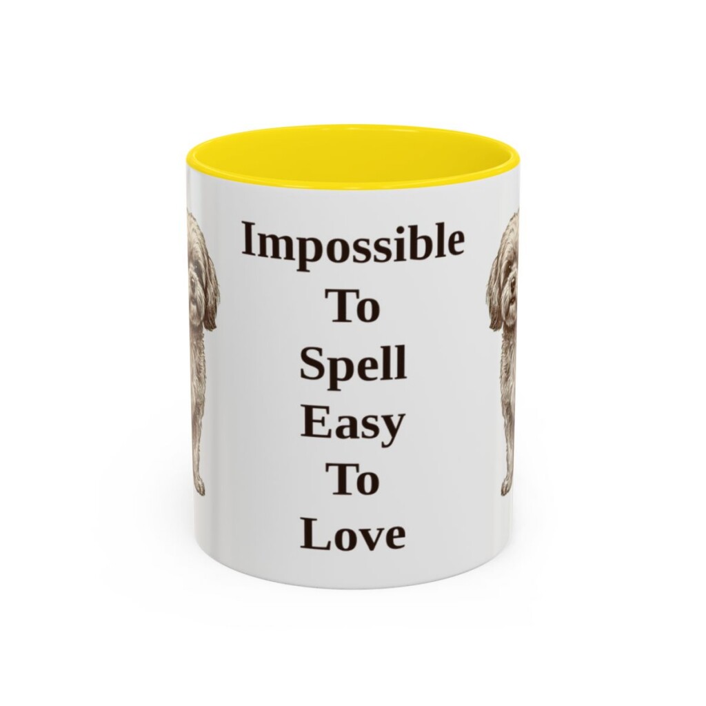 11oz Funny Russian Tsvetnaya Bolonka Mug, Yellow, front view