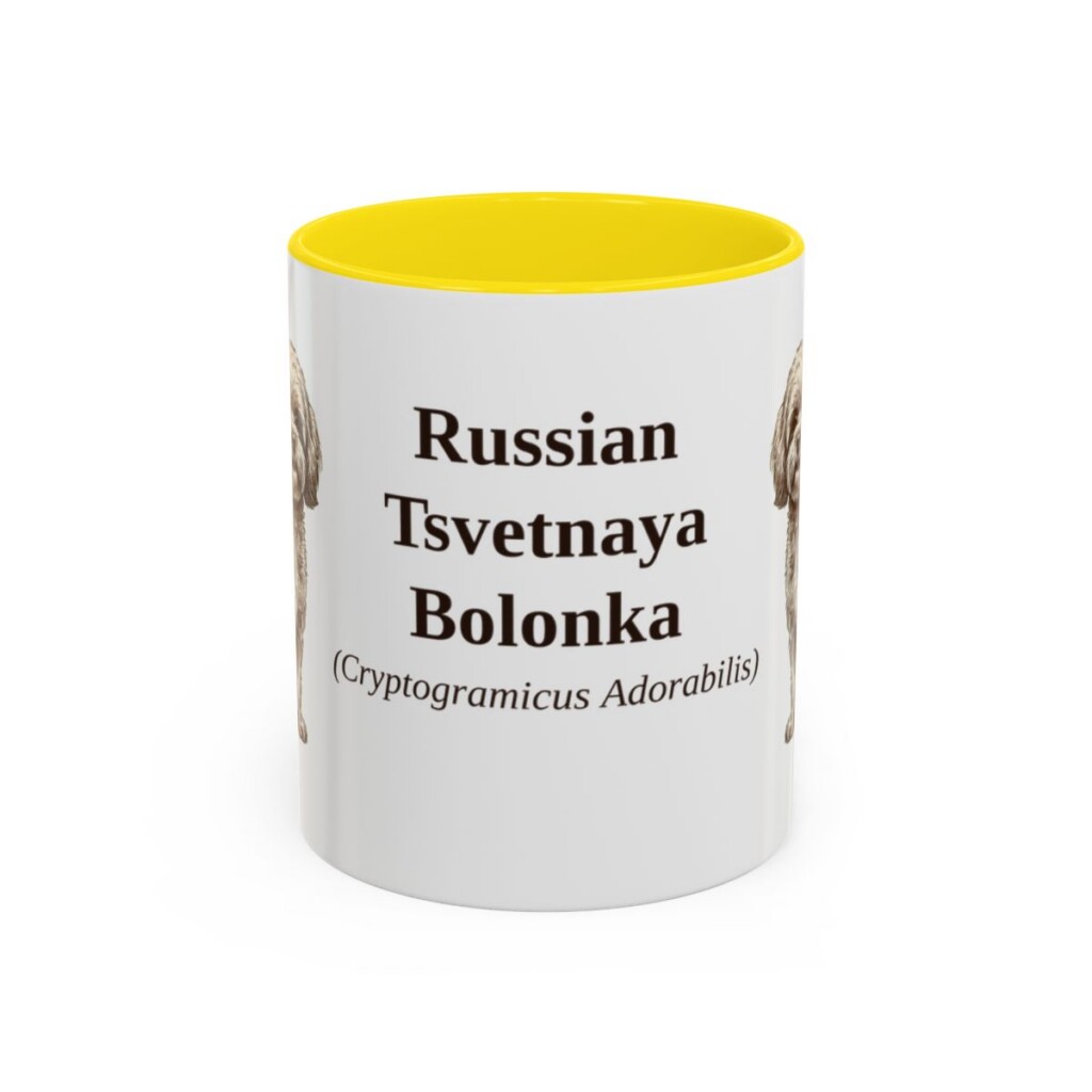 11oz-russian-tsvetnaya-bolonka-mug-latin-yellow 11oz Russian Tsvetnaya Bolonka Latin Mug, Yellow, front view