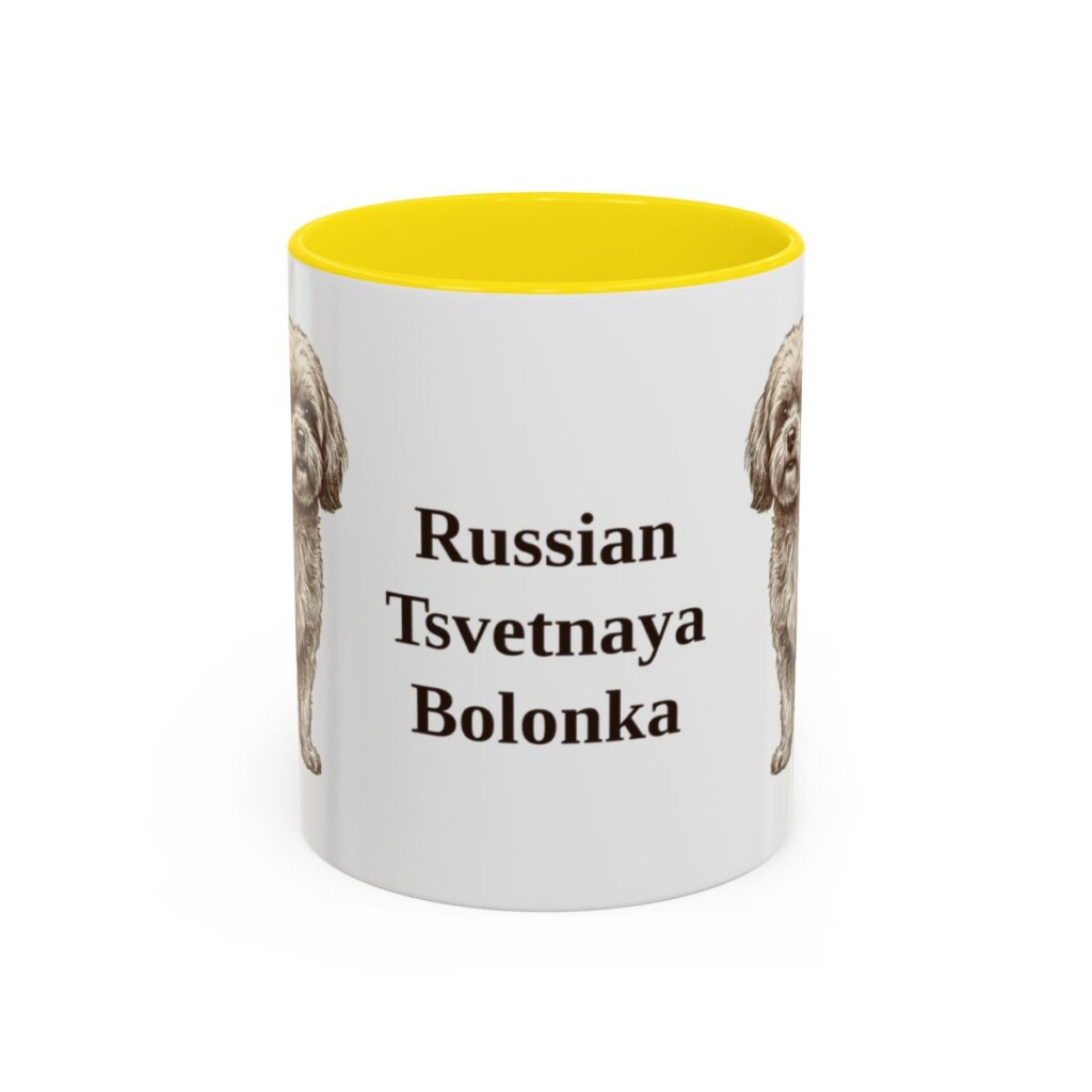 11oz Russian Tsvetnaya Bolonka Mug, Yellow, front view