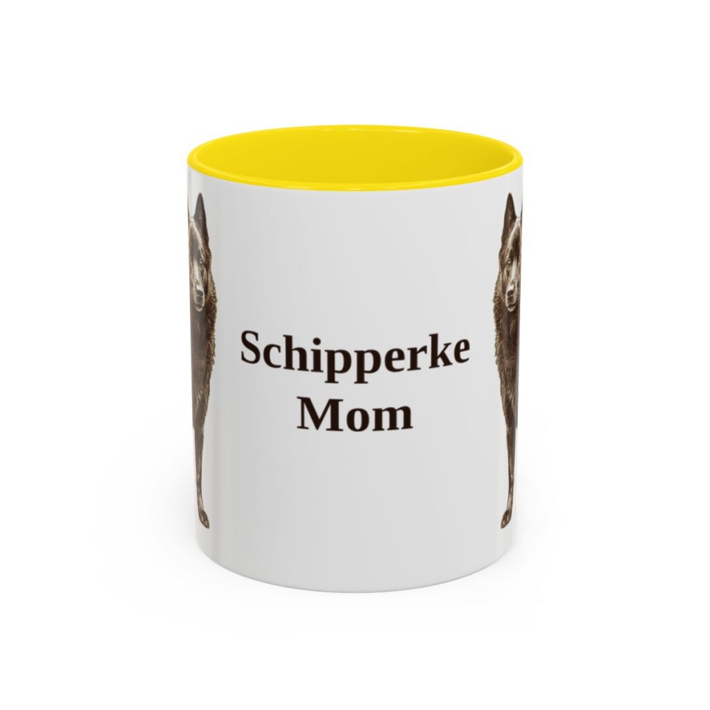 11oz Schipperke Dog Mom Mug, Yellow, front view