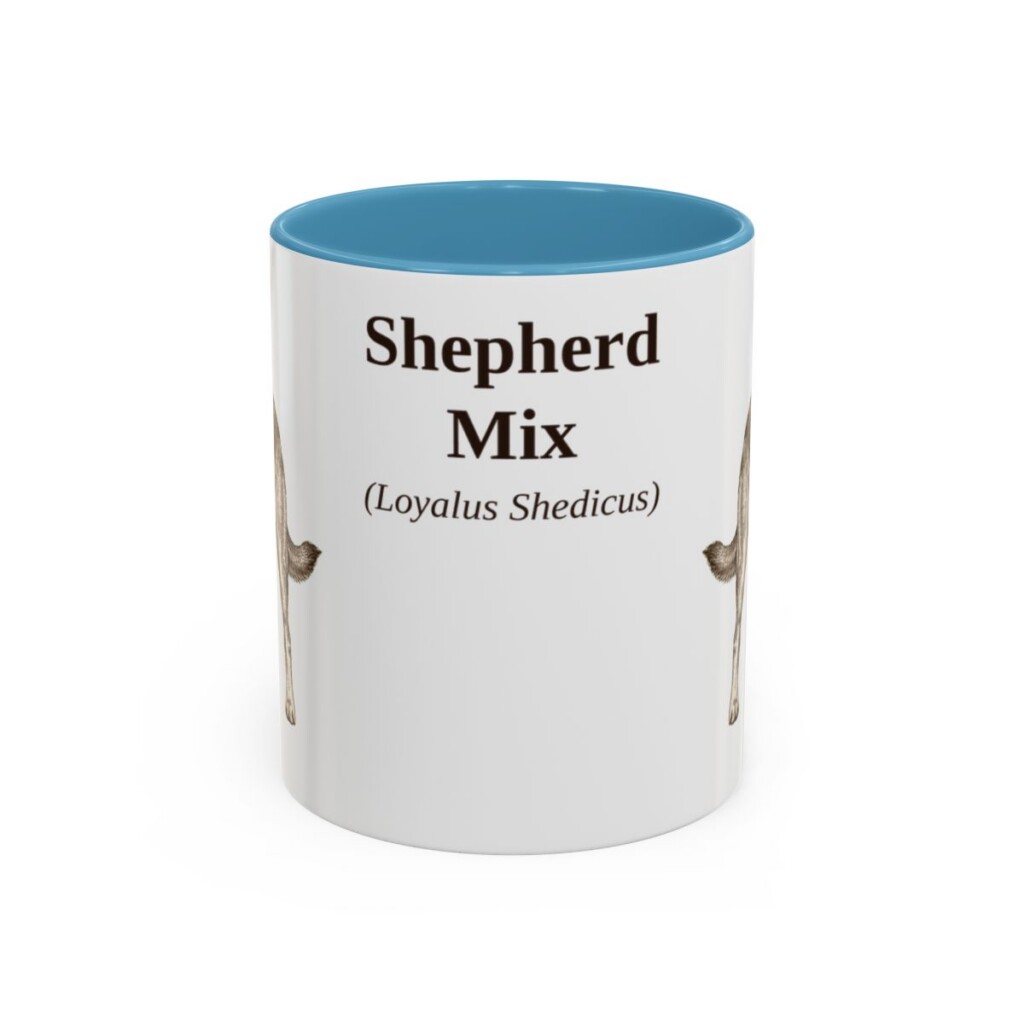 11oz Shepherd Mix Latin Mug, Light Blue, front view