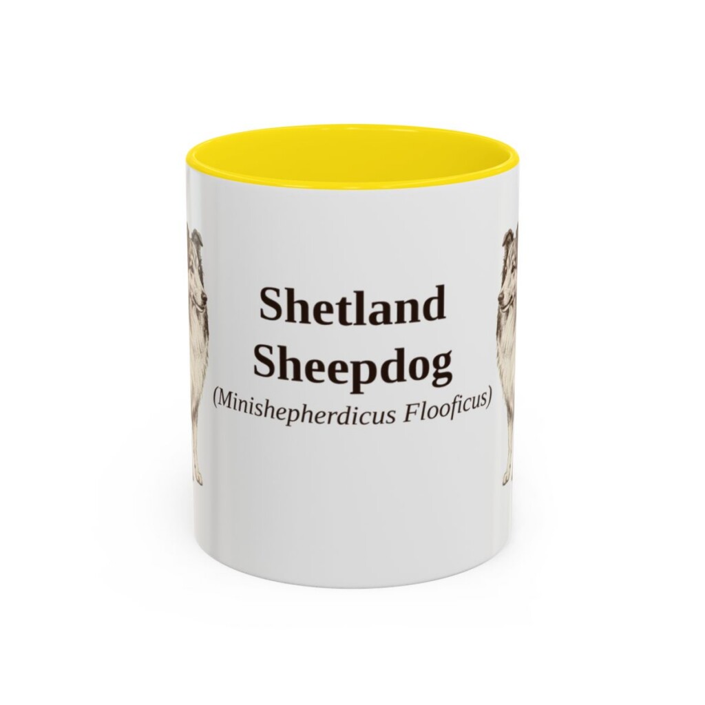 11oz Shetland Sheepdog Latin Mug, Yellow, front view