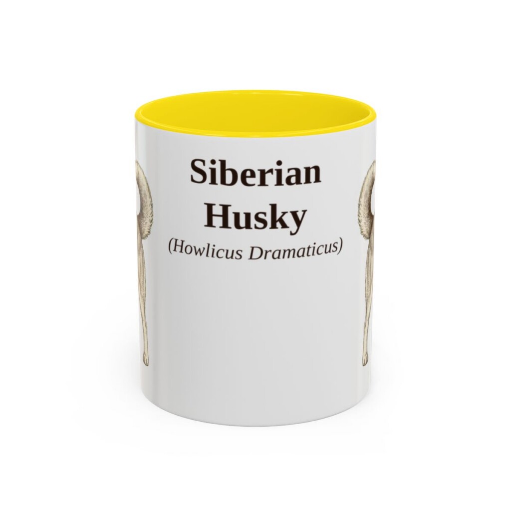 11oz Siberian Husky Latin Mug, Yellow, front view