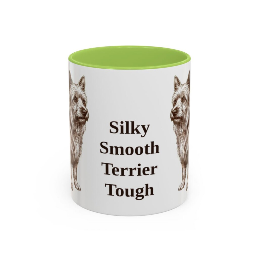 11oz-silky-terrier-mug-humor-light-green 11oz Funny Silky Terrier Mug, Light Green, front view