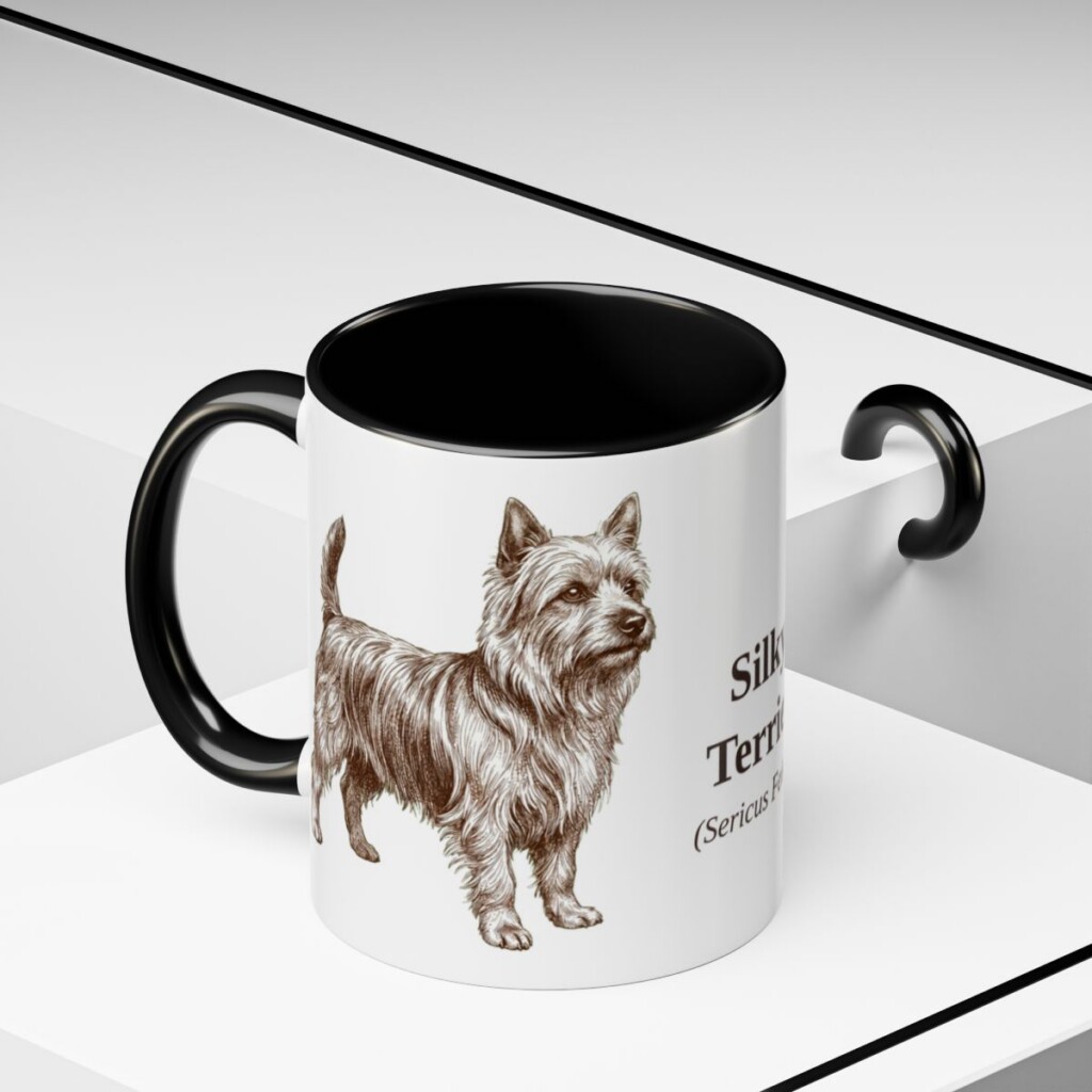 11oz Silky Terrier Latin Mug, Black, lifestyle photo