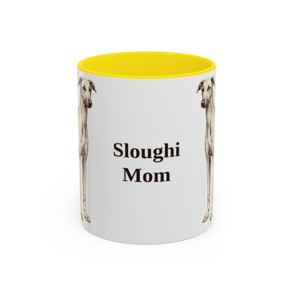 11oz Sloughi Dog Mom Mug, Yellow, front view