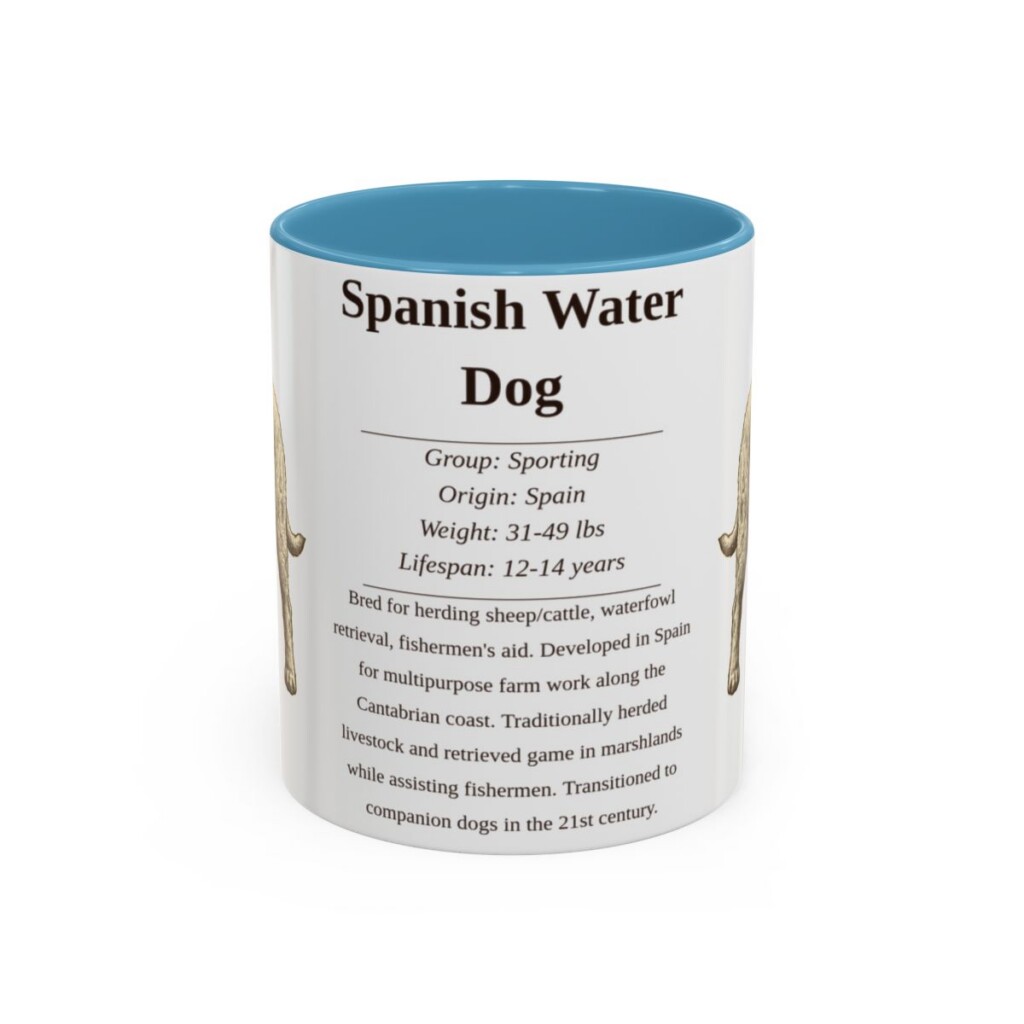 11oz-spanish-water-dog-mug-writeup-light-blue 11oz Spanish Water Dog Mug, Light Blue, front view