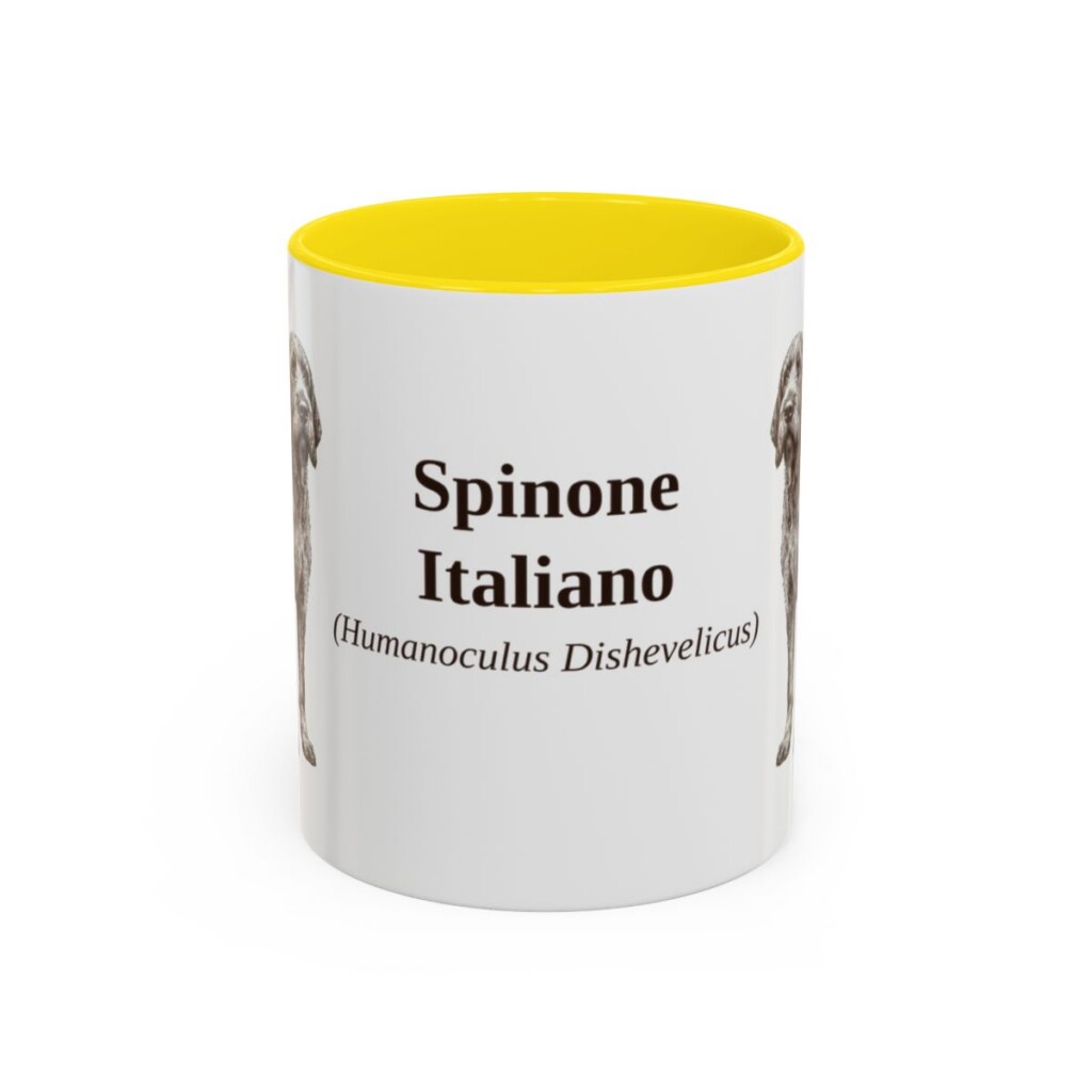 11oz Spinone Italiano Latin Mug, Yellow, front view