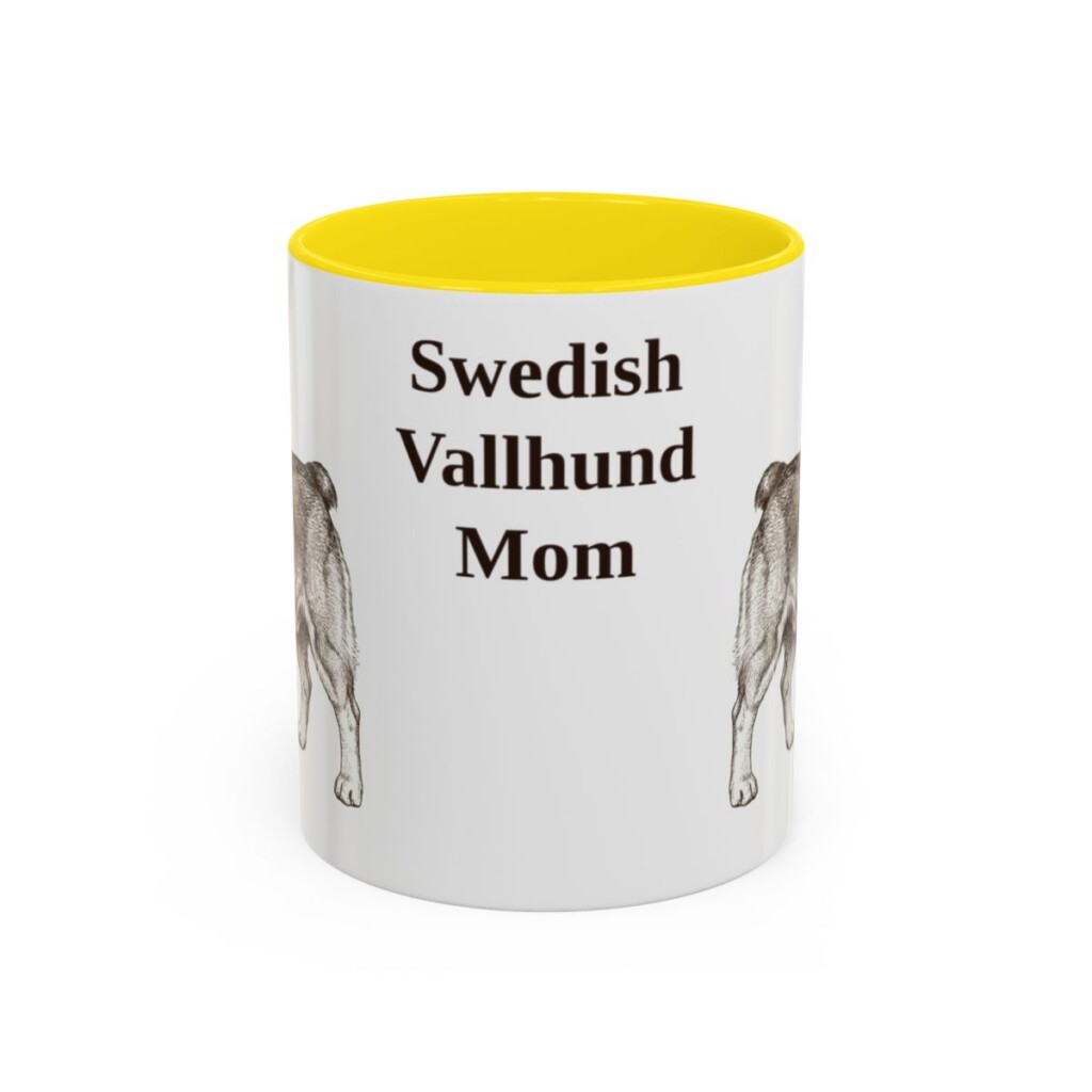 11oz Swedish Vallhund Dog Mom Mug, Yellow, front view