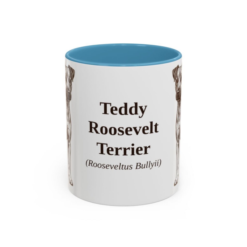 11oz Teddy Roosevelt Terrier Latin Mug, Light Blue, front view