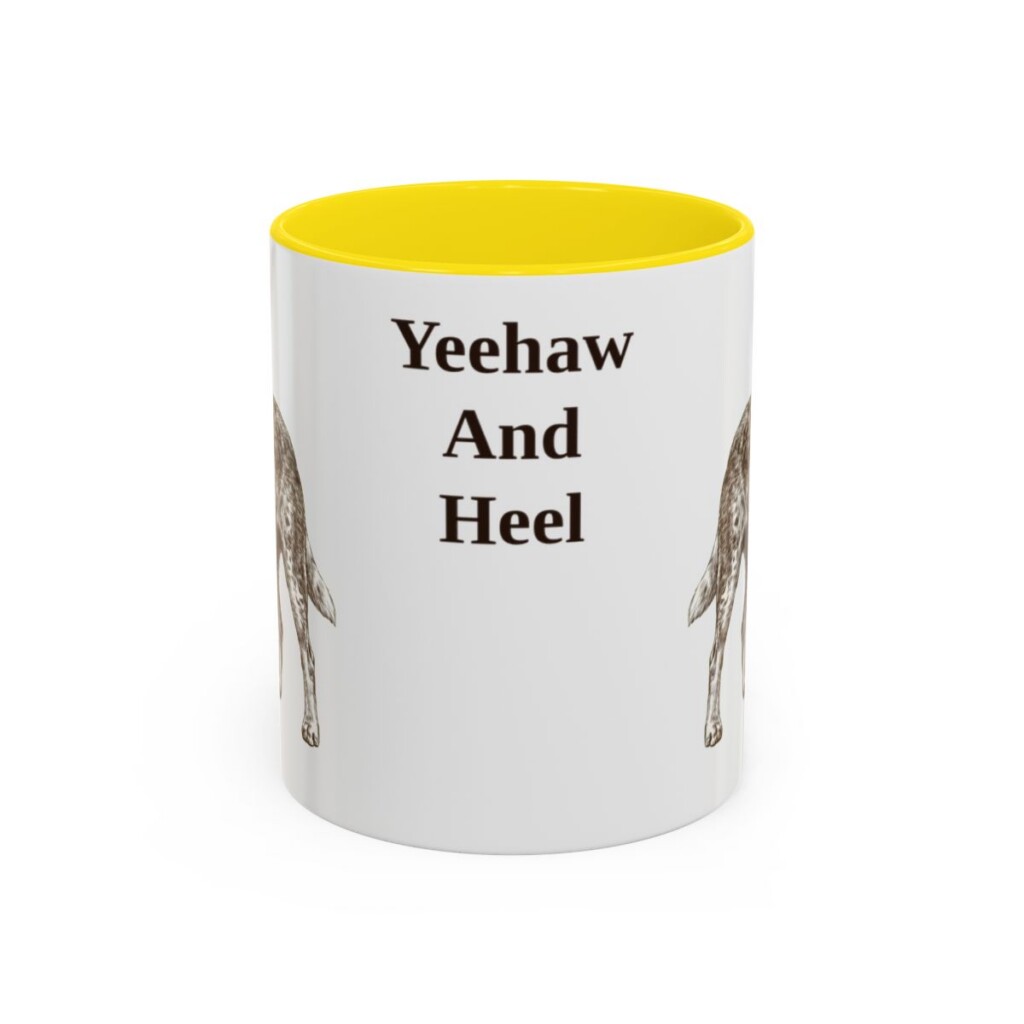 11oz Funny Texas Heeler Mug, Yellow, front view