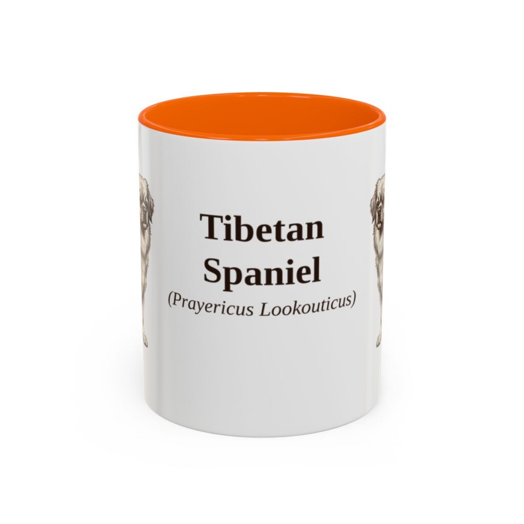 11oz Tibetan Spaniel Latin Mug, Orange, front view