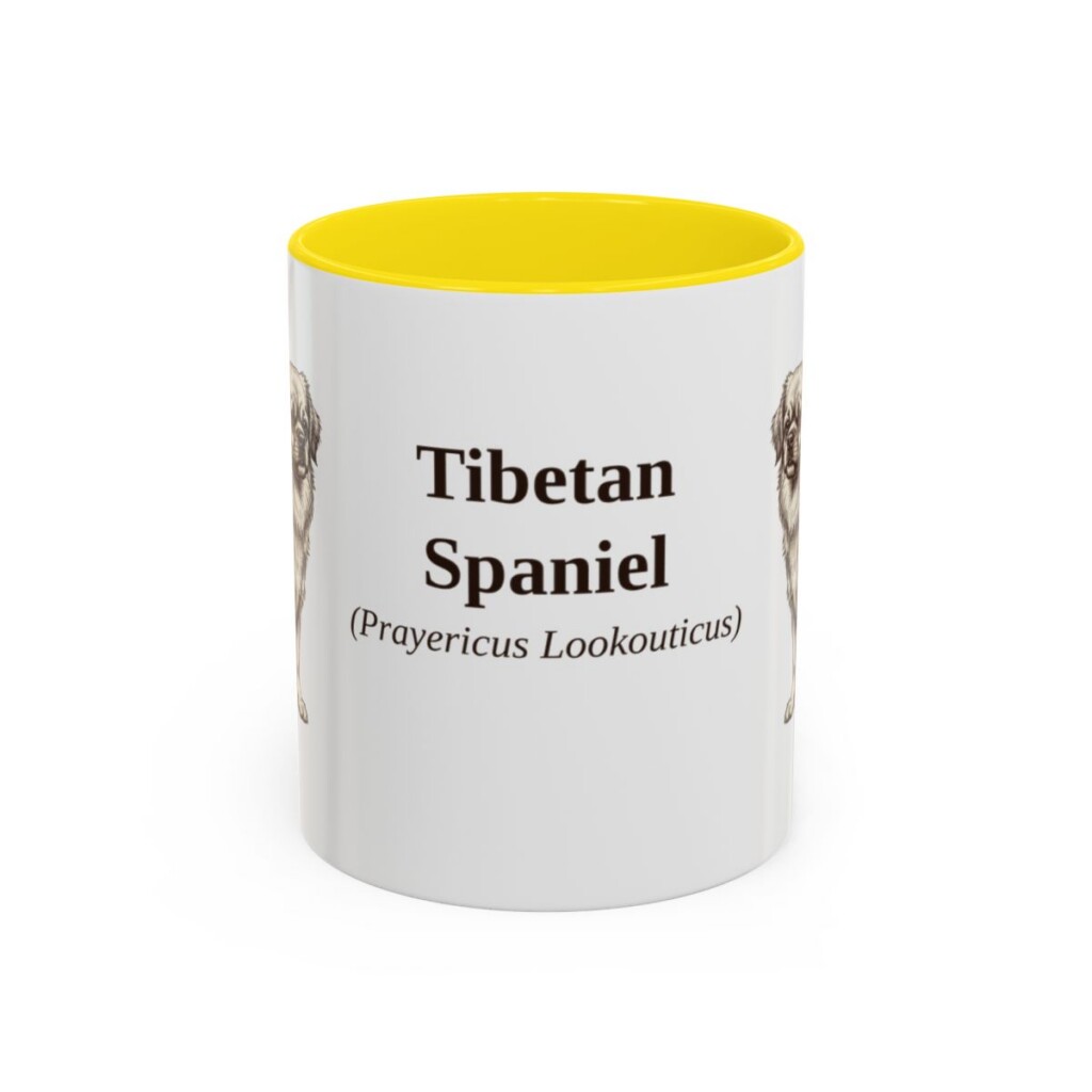 11oz Tibetan Spaniel Latin Mug, Yellow, front view