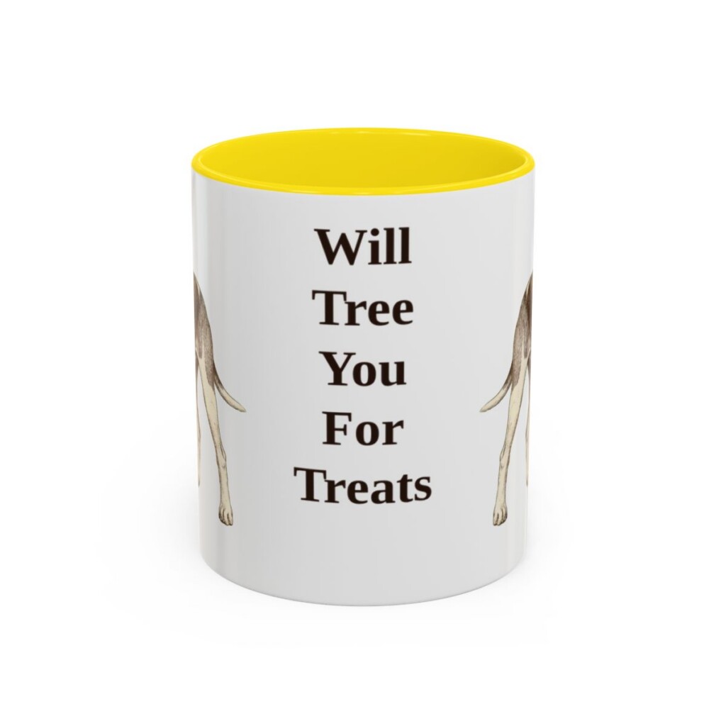 11oz Funny Treeing Walker Coonhound Mug, Yellow, front view