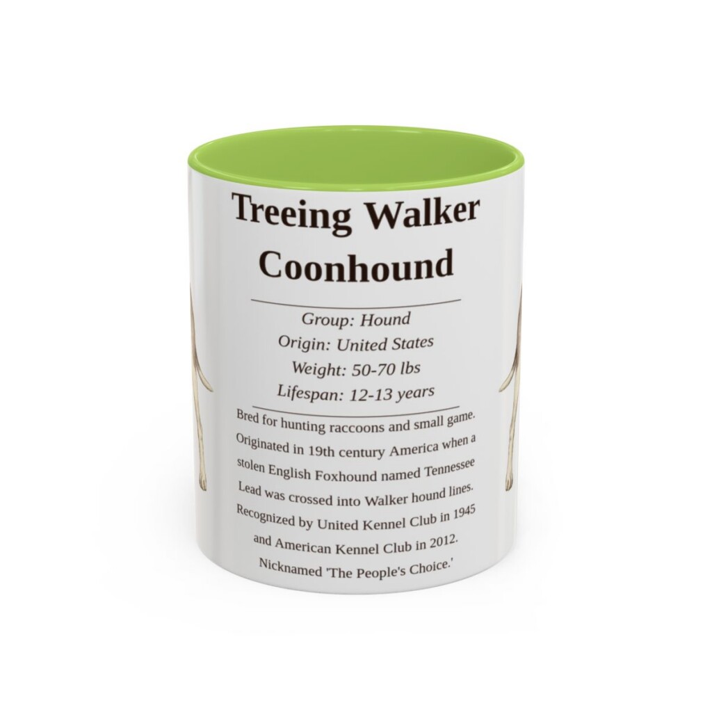 11oz Treeing Walker Coonhound Mug, Light Green, front view