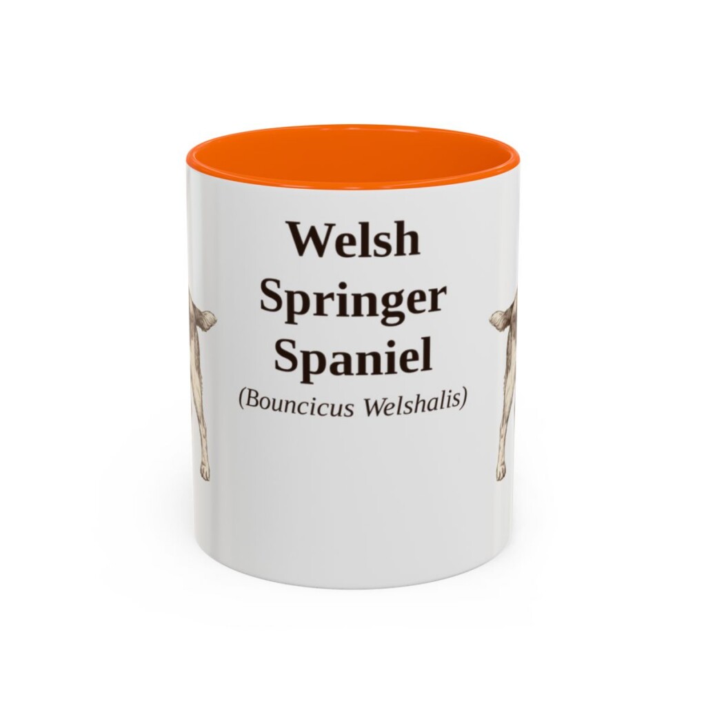 11oz Welsh Springer Spaniel Latin Mug, Orange, front view
