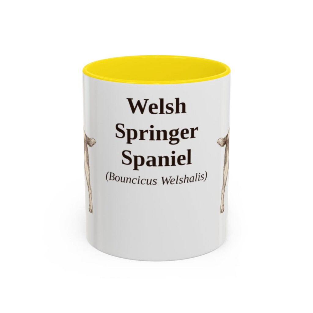 11oz Welsh Springer Spaniel Latin Mug, Yellow, front view
