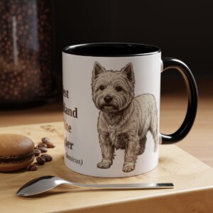 11oz West Highland White Terrier Latin Mug, Black, lifestyle photo