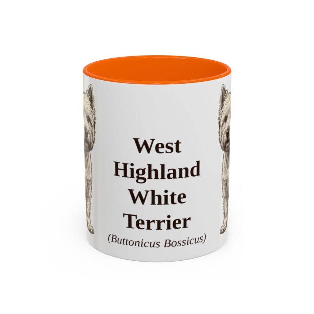 11oz West Highland White Terrier Latin Mug, Orange, front view