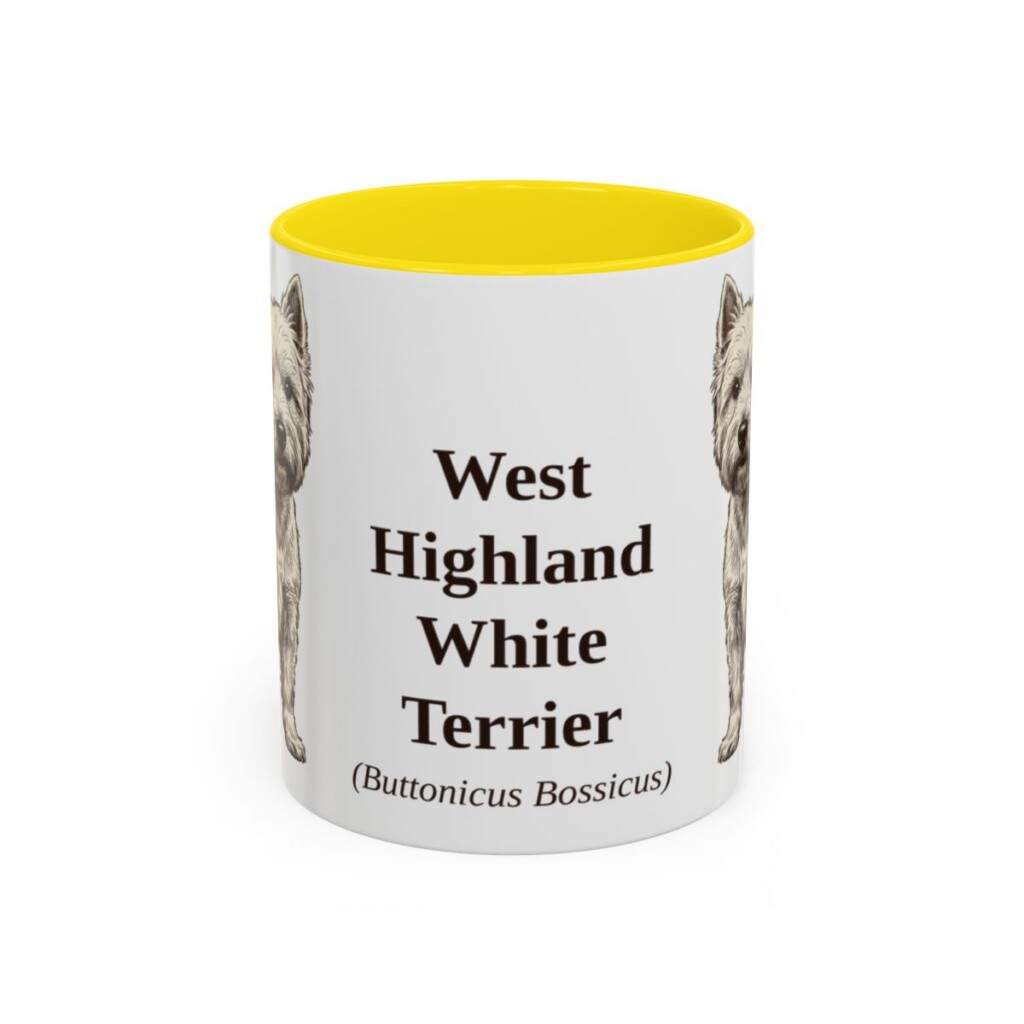 11oz West Highland White Terrier Latin Mug, Yellow, front view