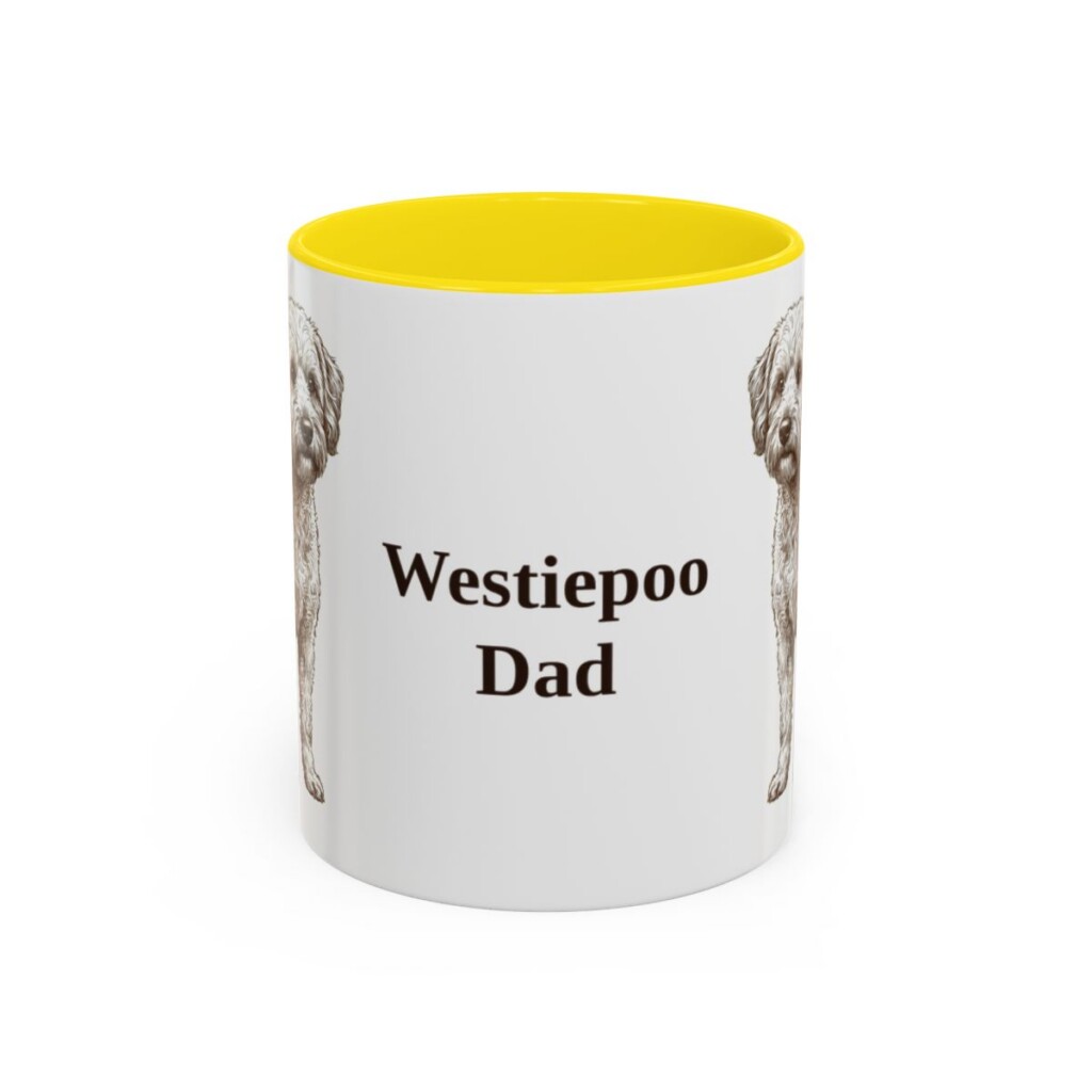 11oz Westiepoo Dog Dad Mug, Yellow, front view