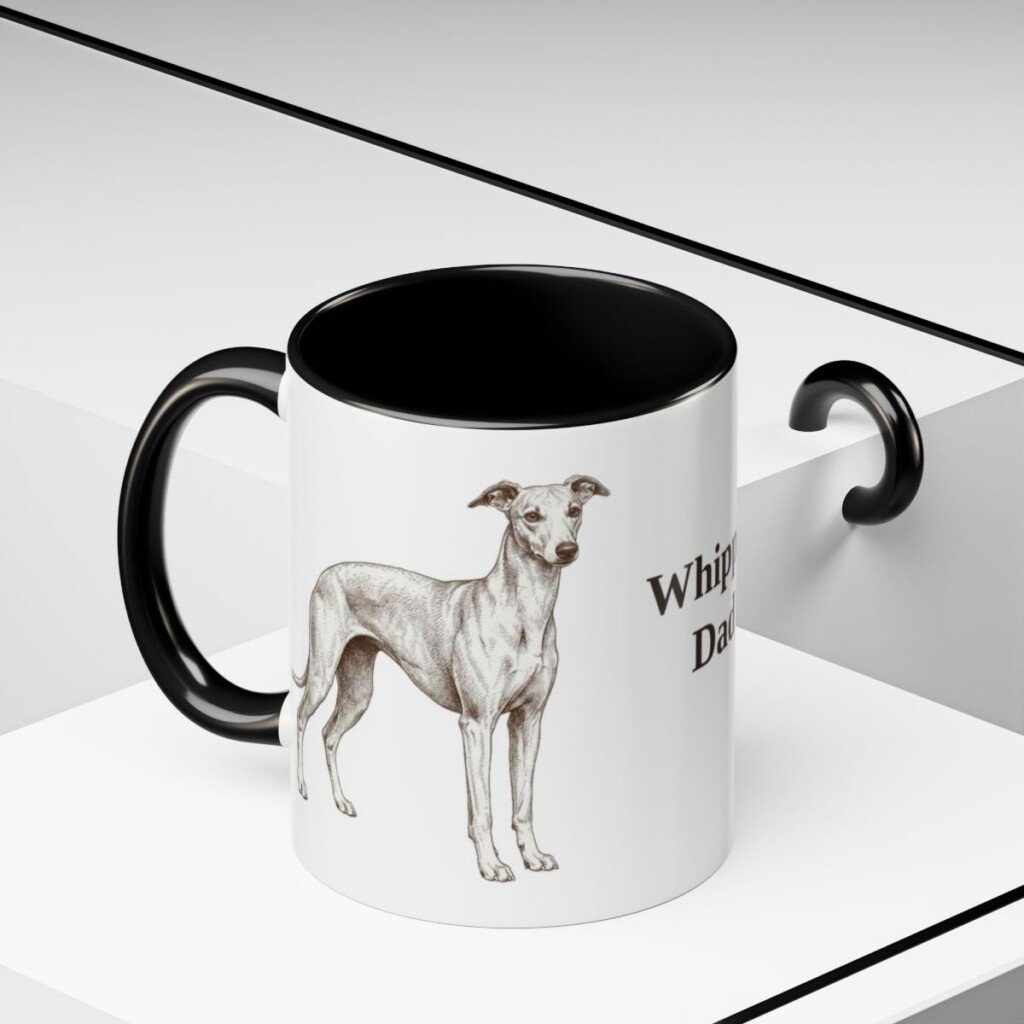 11oz Whippet Dog Dad Mug, Black, lifestyle photo