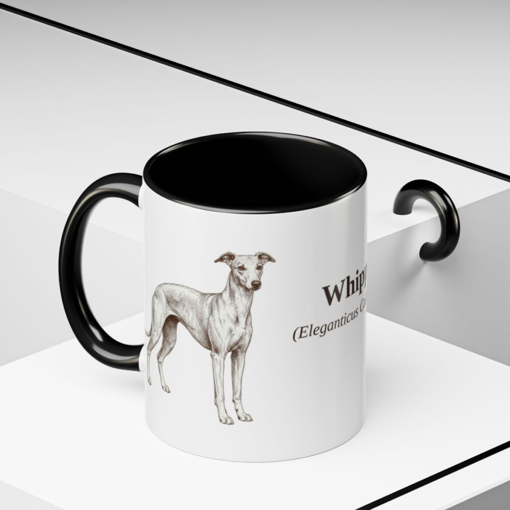 11oz Whippet Latin Mug, Black, lifestyle photo