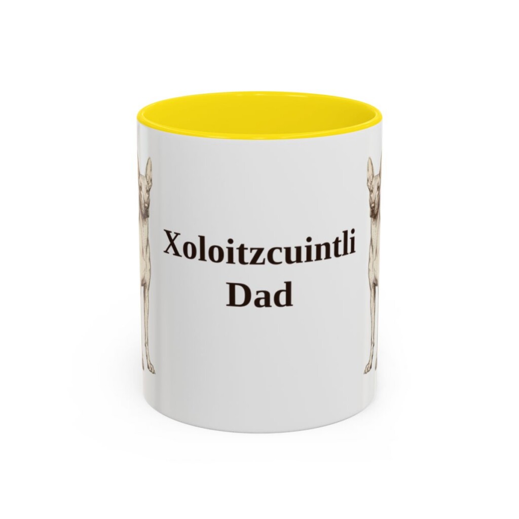 11oz Xoloitzcuintli Dog Dad Mug, Yellow, front view